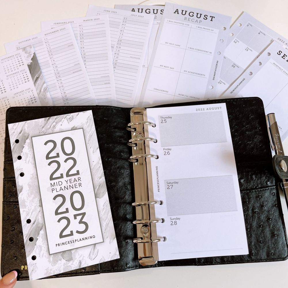 Petite 2022-2023 Mid Year/Academic Grey and White Dated Diary - Black Ostrich Planner Bundle