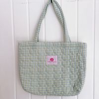 Blue   Yellow Gingham Heart Quilted Tote Bag 
